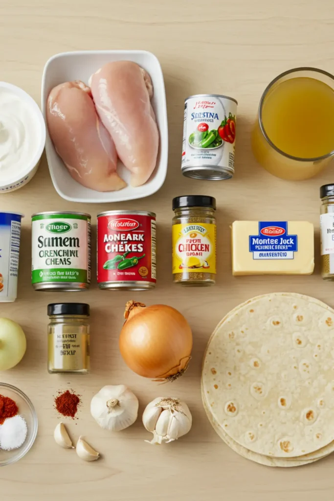Ingredients for the white chicken enchiladas recipe, including chicken, sour cream, and cheese.
