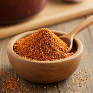 A small wooden bowl filled with the ultimate homemade chili seasoning recipe.