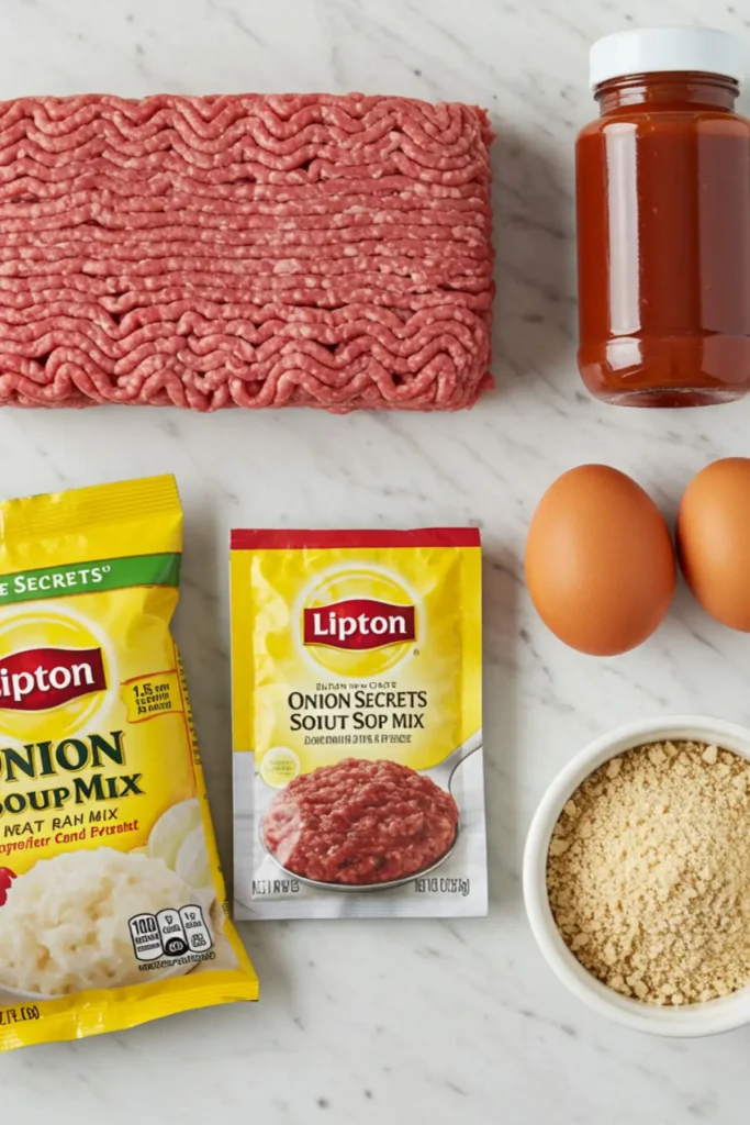 An overhead flat-lay of the ingredients for the Lipton Onion Soup Mix Meatloaf recipe, including lean ground beef, a Lipton soup packet, eggs, breadcrumbs, and ketchup, arranged on a marble countertop.