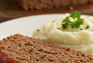 A thick, juicy slice of the finished Lipton Onion Soup Mix Meatloaf recipe on a white plate, showcasing its moist texture and caramelized ketchup glaze, served next to mashed potatoes.