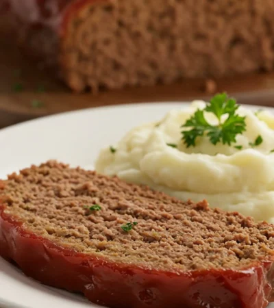 A thick, juicy slice of the finished Lipton Onion Soup Mix Meatloaf recipe on a white plate, showcasing its moist texture and caramelized ketchup glaze, served next to mashed potatoes.