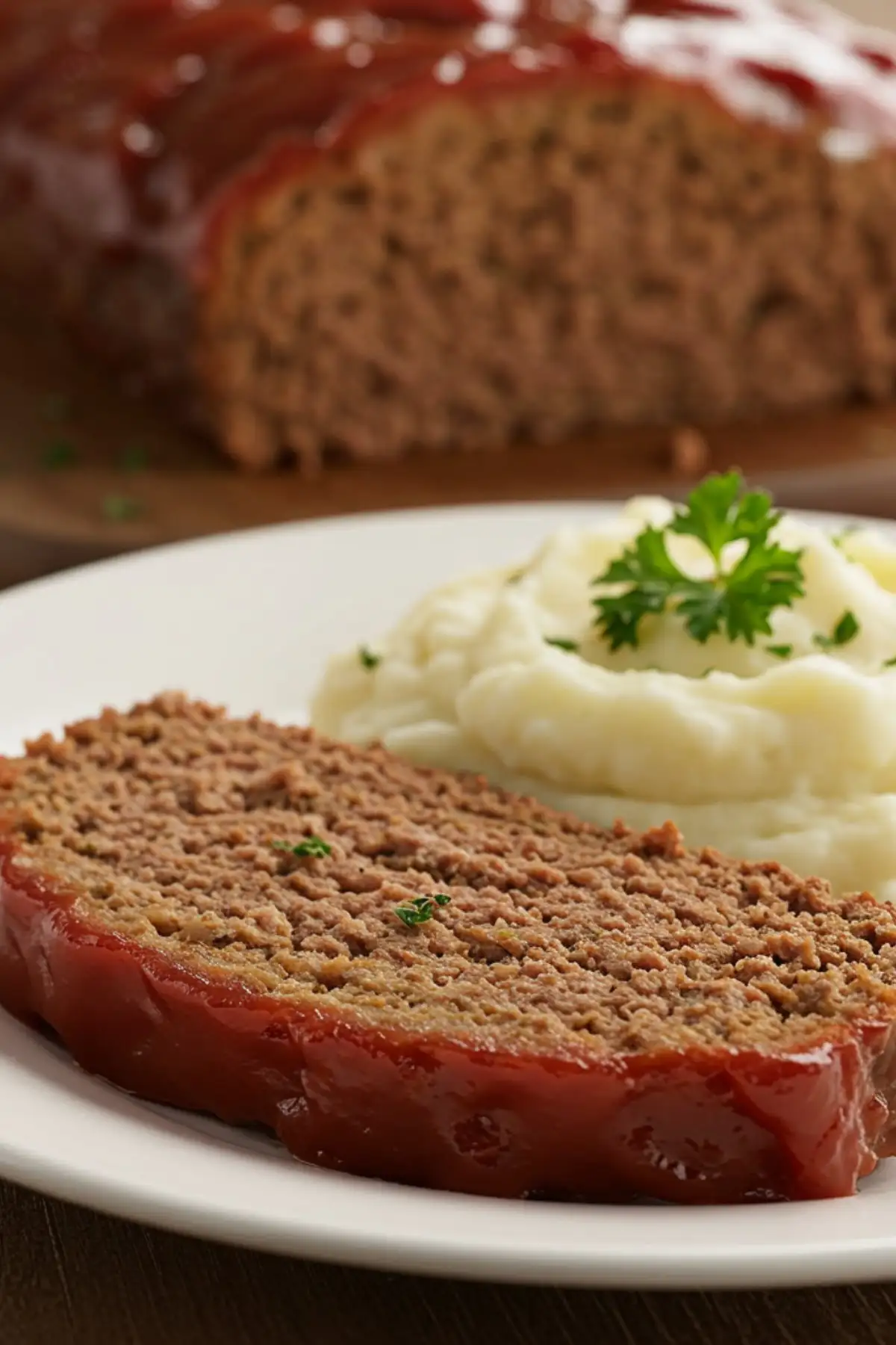 A thick, juicy slice of the finished Lipton Onion Soup Mix Meatloaf recipe on a white plate, showcasing its moist texture and caramelized ketchup glaze, served next to mashed potatoes.