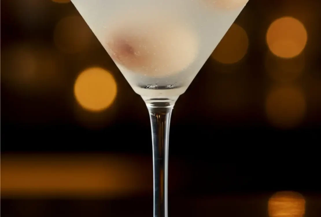 The ingredients for the lychee martini recipe—a bottle of vodka, lychee liqueur, dry vermouth, and a bowl of whole lychees—arranged neatly on a marble surface.