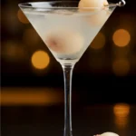 The ingredients for the lychee martini recipe—a bottle of vodka, lychee liqueur, dry vermouth, and a bowl of whole lychees—arranged neatly on a marble surface.