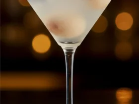 The ingredients for the lychee martini recipe—a bottle of vodka, lychee liqueur, dry vermouth, and a bowl of whole lychees—arranged neatly on a marble surface.
