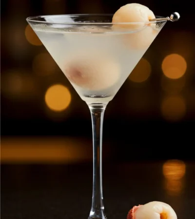 The ingredients for the lychee martini recipe—a bottle of vodka, lychee liqueur, dry vermouth, and a bowl of whole lychees—arranged neatly on a marble surface.