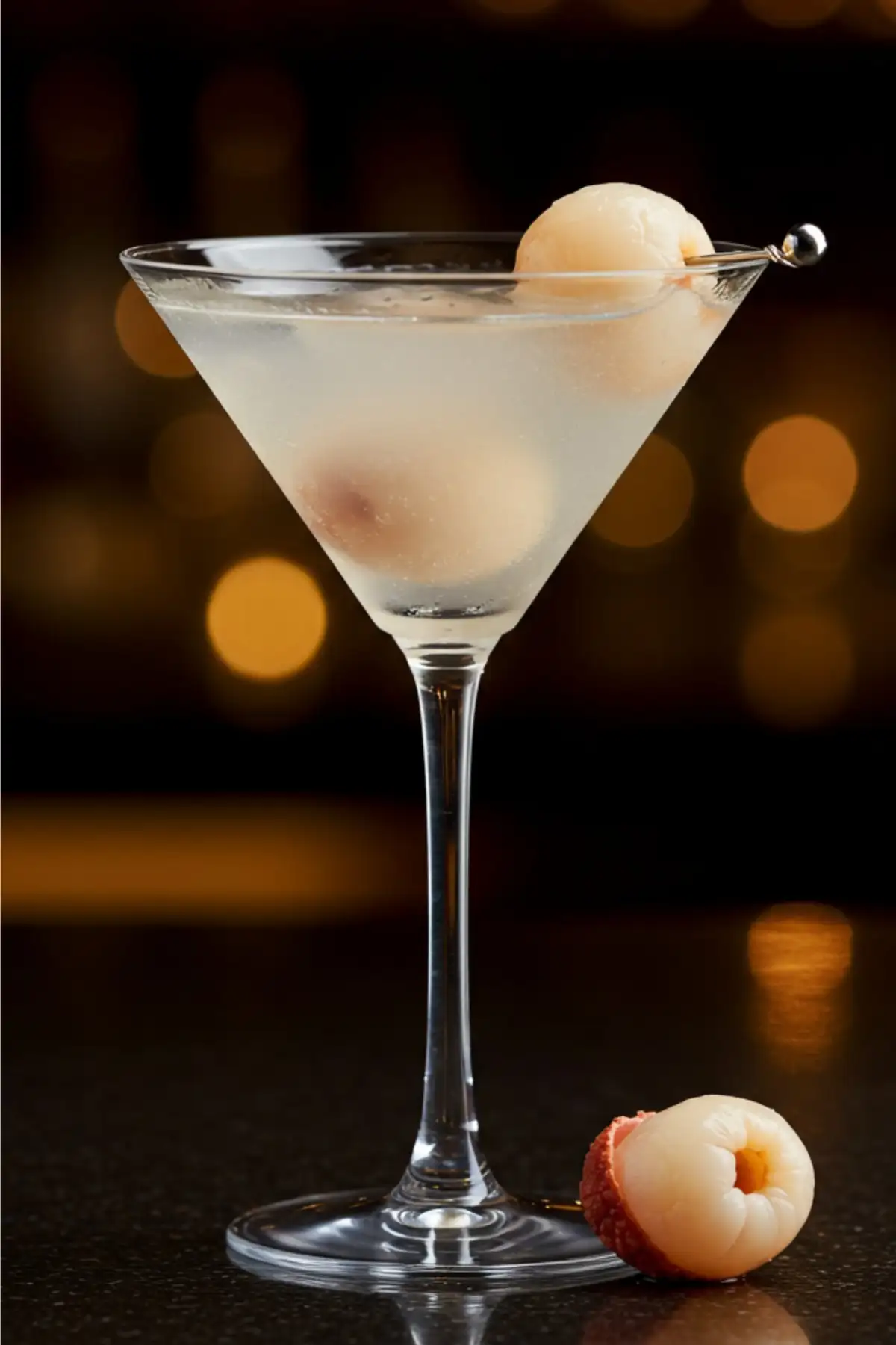 The ingredients for the lychee martini recipe—a bottle of vodka, lychee liqueur, dry vermouth, and a bowl of whole lychees—arranged neatly on a marble surface.