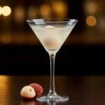 The ingredients for the lychee martini recipe—a bottle of vodka, lychee liqueur, dry vermouth, and a bowl of whole lychees—arranged neatly on a marble surface.