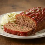 A thick, juicy slice of the finished Lipton Onion Soup Mix Meatloaf recipe on a white plate, showcasing its moist texture and caramelized ketchup glaze, served next to mashed potatoes.