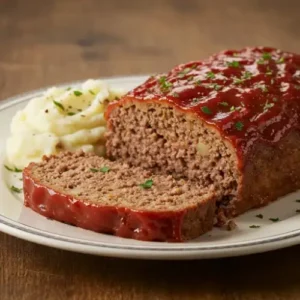 A thick, juicy slice of the finished Lipton Onion Soup Mix Meatloaf recipe on a white plate, showcasing its moist texture and caramelized ketchup glaze, served next to mashed potatoes.