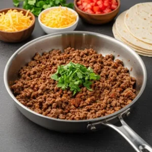 A stainless steel skillet filled with juicy, perfectly seasoned ground beef taco meat, garnished with fresh cilantro, ready to be served for an easy weeknight dinner.