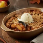 A scoop of the finished apple crunch recipe served in a white bowl, showing the bubbly apple filling and the golden brown crunchy oat topping with a scoop of melting vanilla ice cream.