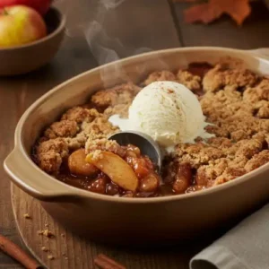 A scoop of the finished apple crunch recipe served in a white bowl, showing the bubbly apple filling and the golden brown crunchy oat topping with a scoop of melting vanilla ice cream.