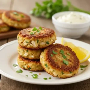 Three perfectly cooked golden crab cakes from this crab cake recipe, stacked on a plate and garnished with fresh parsley and a lemon wedge.