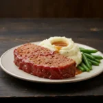 A plated slice of the finished Cracker Barrel meatloaf recipe, showing its juicy texture and rich glaze, served with mashed potatoes and green beans.