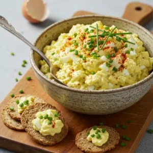 A rustic bowl filled with creamy, finished egg salad recipe, garnished with fresh chives and ready to be served.