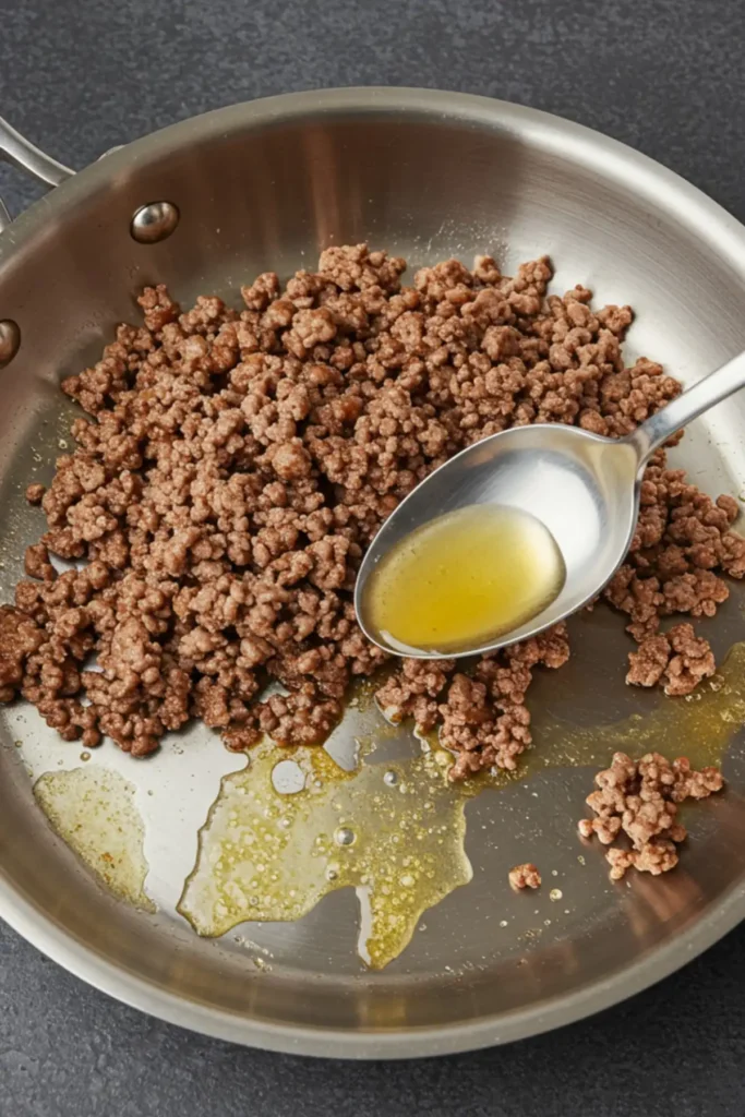 A stainless steel skillet of browned ground beef is tilted to the side, with a spoon carefully removing the excess grease, a crucial step for the perfect taco meat recipe.
