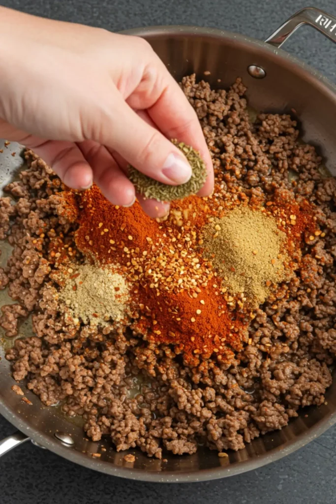 A hand sprinkling a vibrant, reddish-brown homemade taco seasoning blend over cooked ground beef in a stainless steel skillet to make flavorful ground beef tacos.