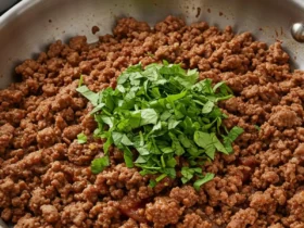 A stainless steel skillet filled with juicy, perfectly seasoned ground beef taco meat, garnished with fresh cilantro, ready to be served for an easy weeknight dinner.