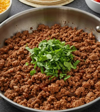 A stainless steel skillet filled with juicy, perfectly seasoned ground beef taco meat, garnished with fresh cilantro, ready to be served for an easy weeknight dinner.