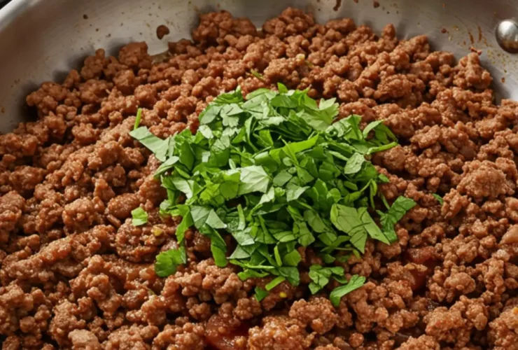 A stainless steel skillet filled with juicy, perfectly seasoned ground beef taco meat, garnished with fresh cilantro, ready to be served for an easy weeknight dinner.