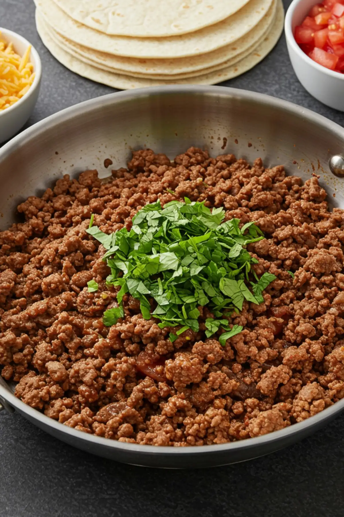 A stainless steel skillet filled with juicy, perfectly seasoned ground beef taco meat, garnished with fresh cilantro, ready to be served for an easy weeknight dinner.