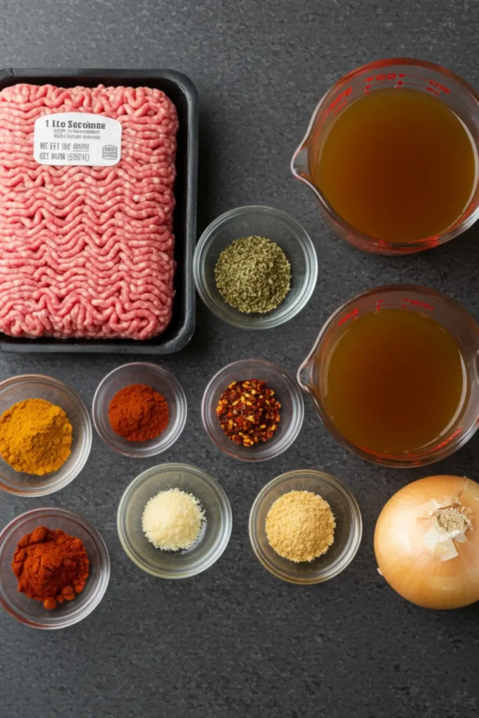 A flat-lay of ingredients for a homemade taco seasoning and ground beef tacos, including ground beef, chili powder, cumin, and smoked paprika, arranged on a dark countertop.