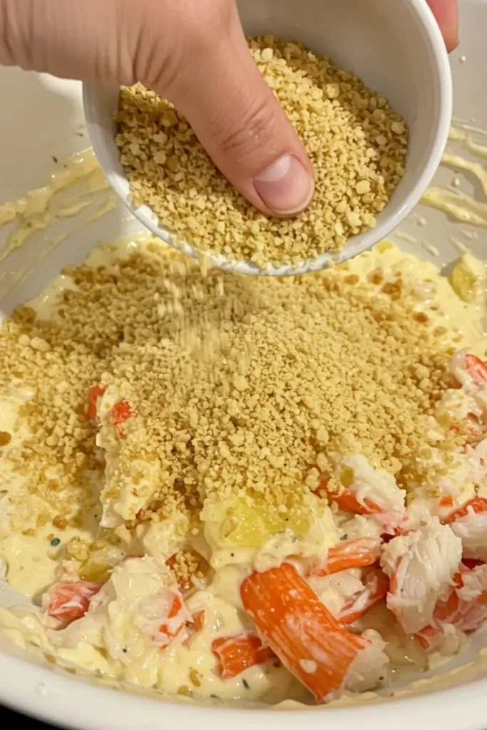 Adding panko breadcrumbs to the crab and binder mixture, an essential step in this easy crab cake recipe for structure.