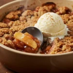 A scoop of the finished apple crunch recipe served in a white bowl, showing the bubbly apple filling and the golden brown crunchy oat topping with a scoop of melting vanilla ice cream.