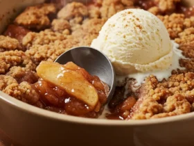 A scoop of the finished apple crunch recipe served in a white bowl, showing the bubbly apple filling and the golden brown crunchy oat topping with a scoop of melting vanilla ice cream.