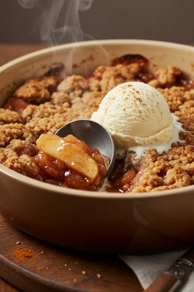 A scoop of the finished apple crunch recipe served in a white bowl, showing the bubbly apple filling and the golden brown crunchy oat topping with a scoop of melting vanilla ice cream.