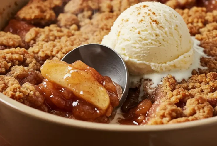 A scoop of the finished apple crunch recipe served in a white bowl, showing the bubbly apple filling and the golden brown crunchy oat topping with a scoop of melting vanilla ice cream.