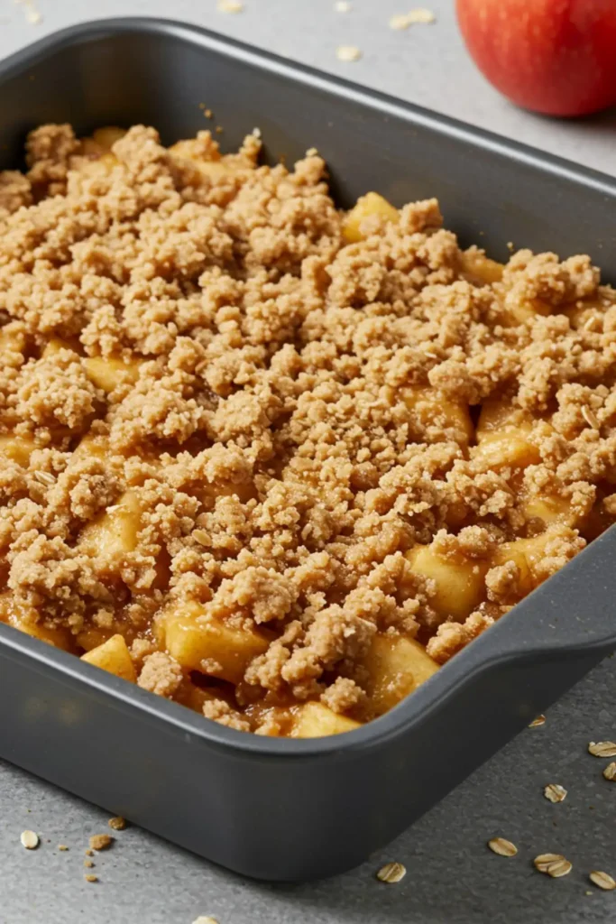 The apple crunch recipe fully assembled in a baking dish with the crumbly oat topping, ready to be baked.