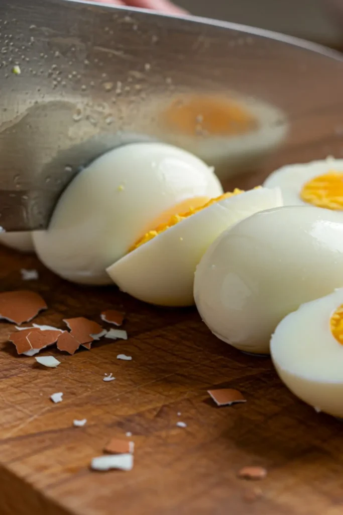 Roughly chopped hard-boiled eggs on a cutting board, ready for the egg salad dressing.
