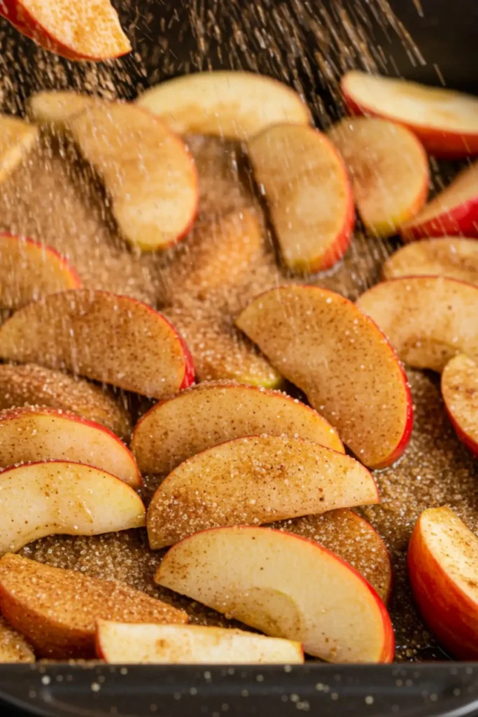 Sliced apples in a glass baking dish being coated with cinnamon and sugar for the apple crunch recipe.