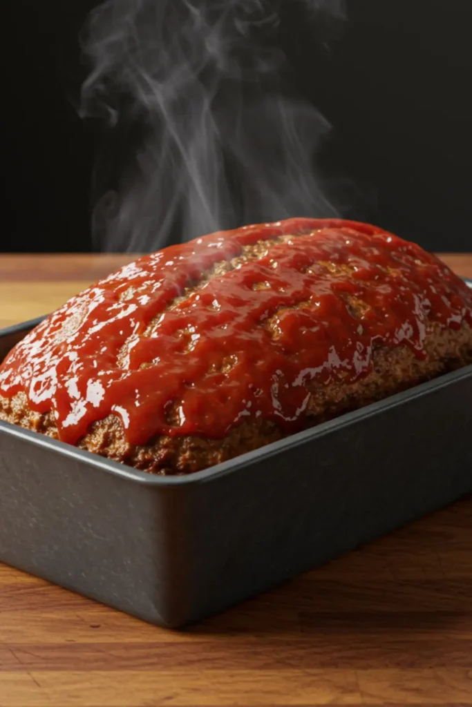 The perfectly cooked Lipton Onion Soup Mix Meatloaf resting in its dark gray pan on a wooden counter, with steam rising and the glaze dark and caramelized.