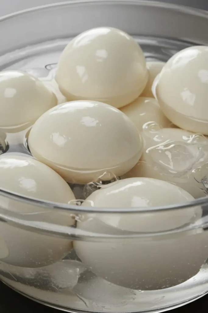 Hard-boiled eggs being cooled in a large bowl of ice water to make them easy to peel.