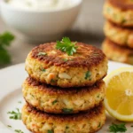 Three perfectly cooked golden crab cakes from this crab cake recipe, stacked on a plate and garnished with fresh parsley and a lemon wedge.