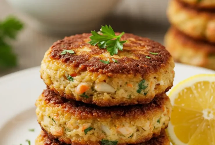 Three perfectly cooked golden crab cakes from this crab cake recipe, stacked on a plate and garnished with fresh parsley and a lemon wedge.