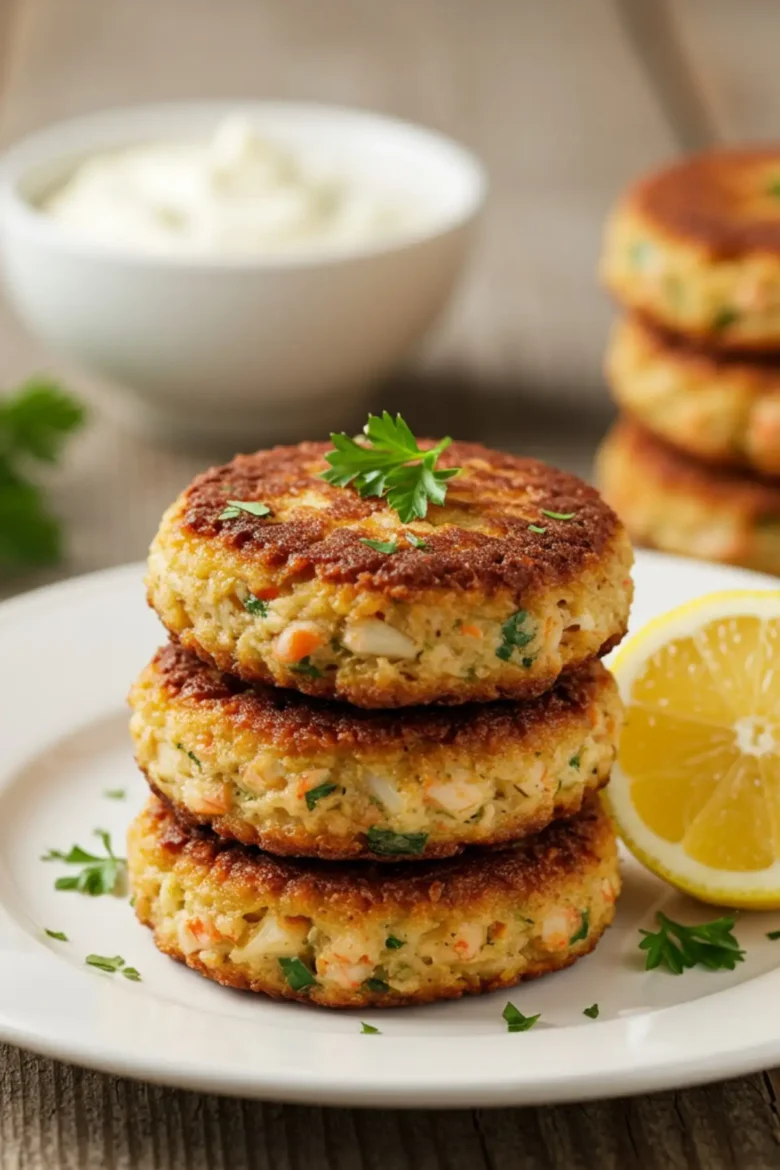 Three perfectly cooked golden crab cakes from this crab cake recipe, stacked on a plate and garnished with fresh parsley and a lemon wedge.