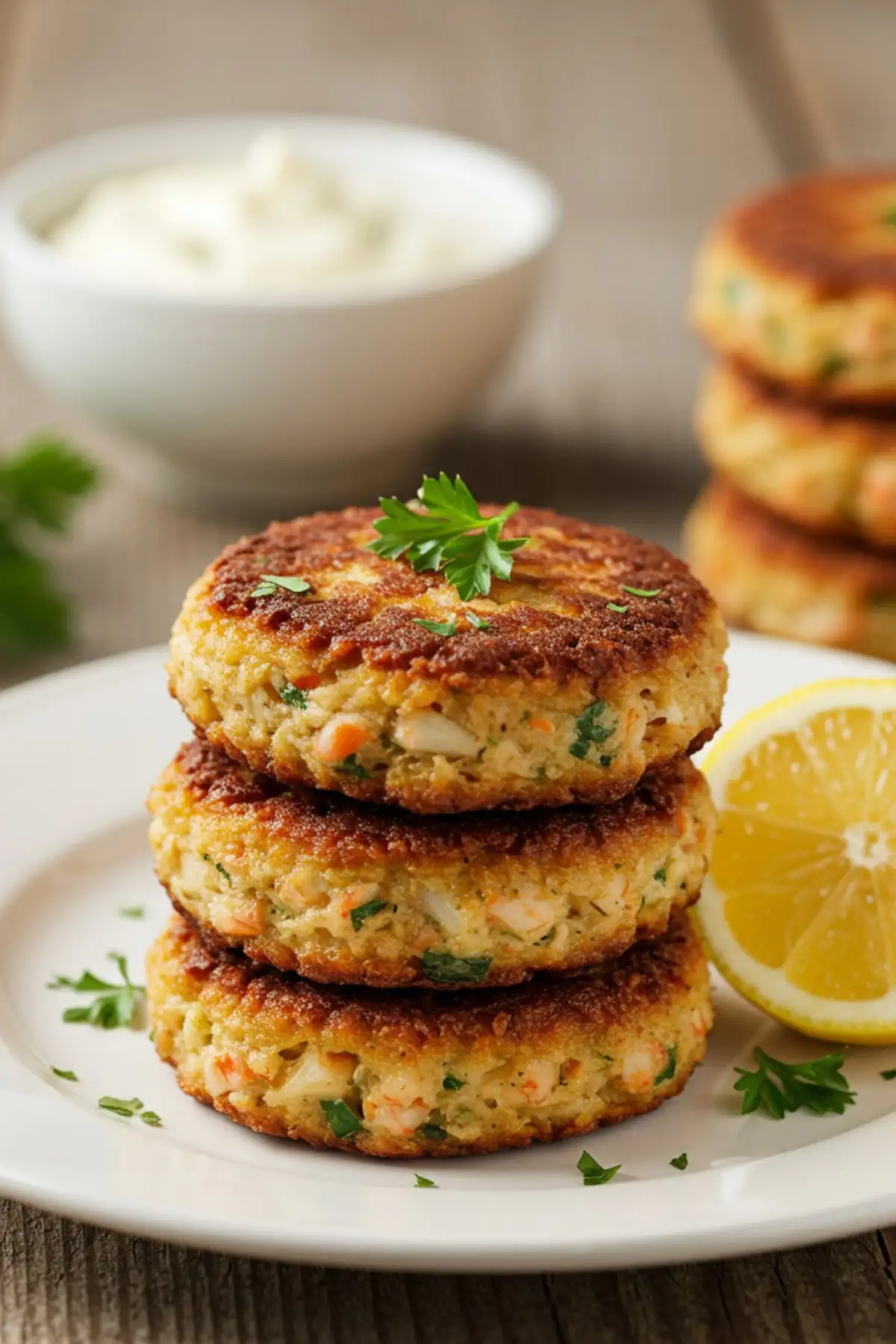 Three perfectly cooked golden crab cakes from this crab cake recipe, stacked on a plate and garnished with fresh parsley and a lemon wedge.