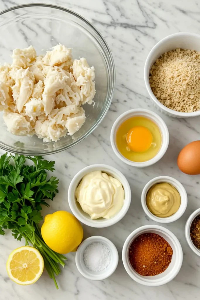 The essential ingredients for this crab cake recipe, including lump crab meat, mayonnaise, and panko, arranged in bowls on a marble surface.