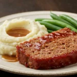A plated slice of the finished Cracker Barrel meatloaf recipe, showing its juicy texture and rich glaze, served with mashed potatoes and green beans.
