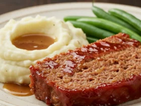 A plated slice of the finished Cracker Barrel meatloaf recipe, showing its juicy texture and rich glaze, served with mashed potatoes and green beans.