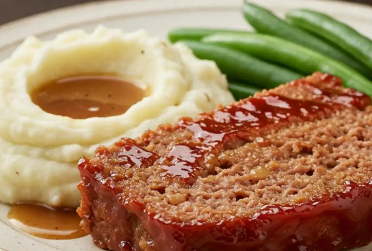 A plated slice of the finished Cracker Barrel meatloaf recipe, showing its juicy texture and rich glaze, served with mashed potatoes and green beans.