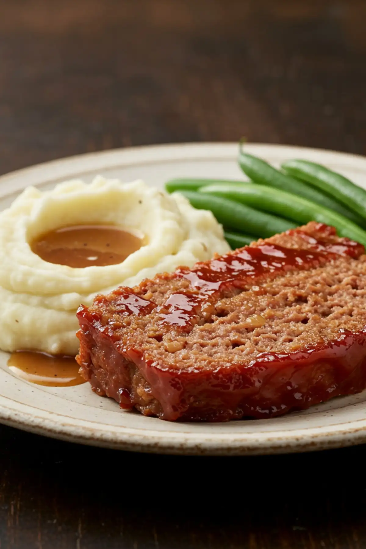 A plated slice of the finished Cracker Barrel meatloaf recipe, showing its juicy texture and rich glaze, served with mashed potatoes and green beans.