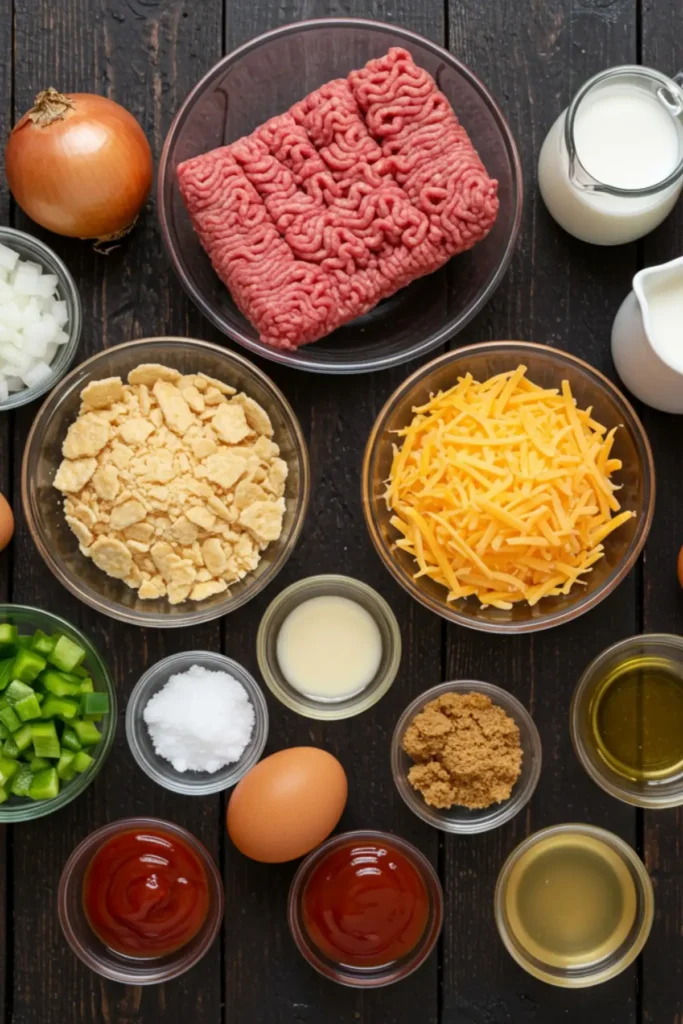The ingredients for the copycat Cracker Barrel meatloaf recipe, including ground beef, crackers, cheese, and vegetables, arranged on a wooden board.