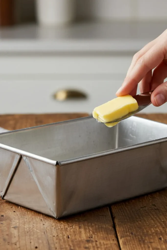Greasing a silver metal loaf pan to prepare for baking the homemade meatloaf like Cracker Barrel.