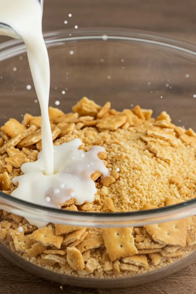Pouring milk over crushed Ritz crackers in a glass bowl to create the moist binder for the meatloaf.