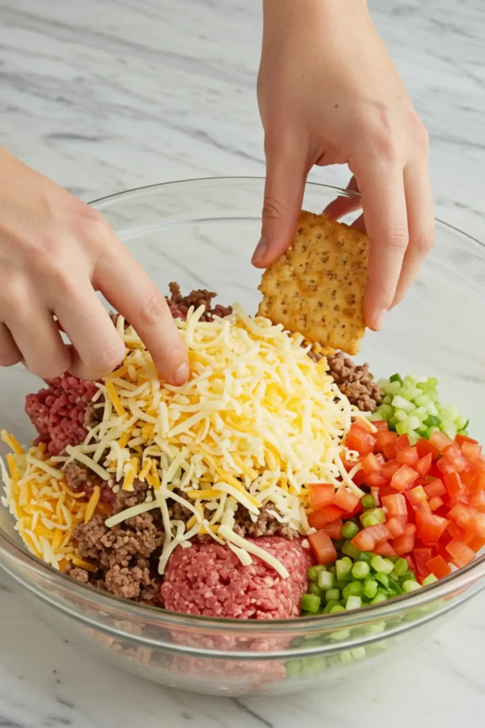 Hands gently combining the ground beef, cheese, and vegetables for the restaurant-style meatloaf.